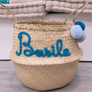 Grand Panier à jouets modèle tressé avec pompons bleu pétrole