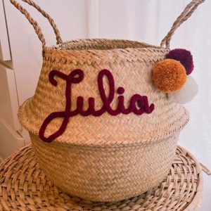Grand Panier à jouets modèle tressé avec pompons rouge bordeaux