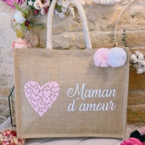 Sac Cabas Jute Grand Modèle anses crème : coeur maman d&rsquo;amour