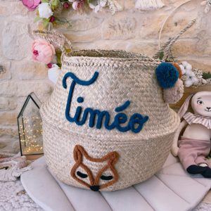 Grand panier à jouets tressé renard avec pompons