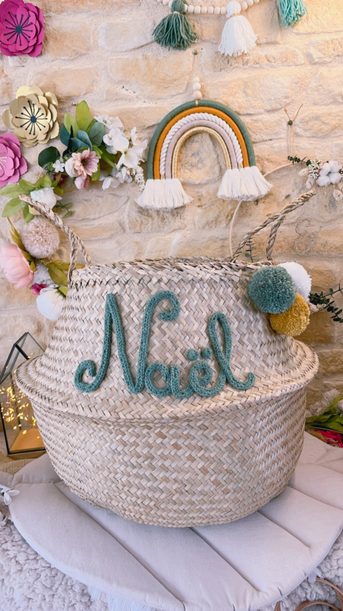 Grand Panier à jouets modèle tressé avec pompons sauge