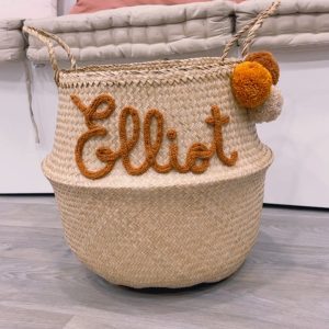 Grand Panier à jouets modèle tressé avec pompons noisette