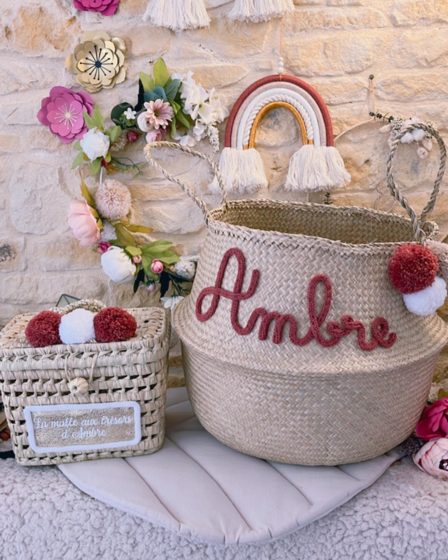 DUO Panier à jouets et malle à souvenirs avec pompons