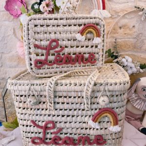 DUO Malle à jouets taille Médium et valisette avec arc-en-ciel en macramé