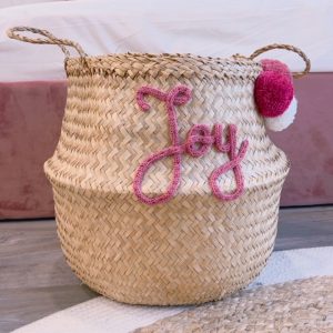 Grand Panier à jouets modèle tressé avec pompons vieux rose