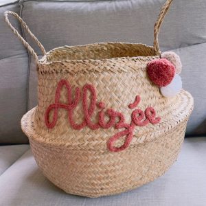 Grand Panier à jouets modèle tressé avec pompons terracota