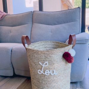 * Panier à jouets modèle haut tressé anses en cuir avec pompons