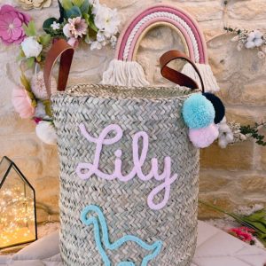 Panier à jouets modèle haut tressé anses en cuir avec pompons Dinosaure