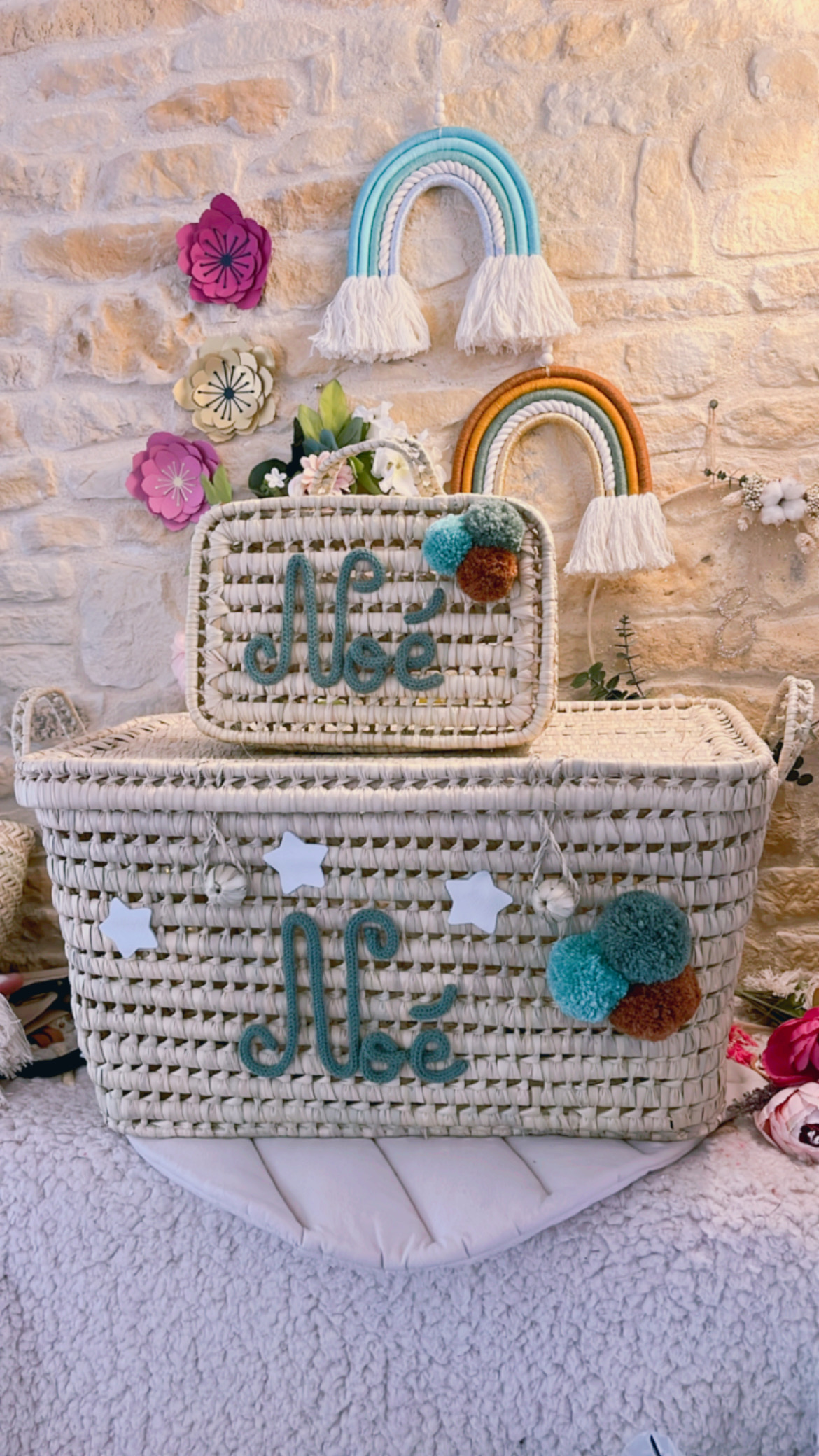 DUO Grande Malle à jouets et valisette avec pompons