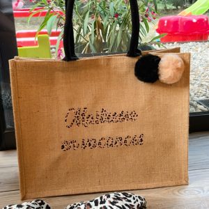 Sac Cabas Jute Grand Modèle anses noires texte léopard graou