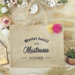 Sac Cabas Jute Grand Modèle anses naturelles prénom ma maîtresse adorée