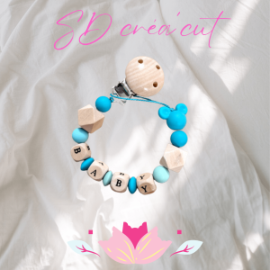 Attache-tétine en silicone et bois Mickey Turquoise