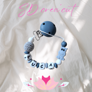 Attache-tétine en silicone Hippopotame Gris