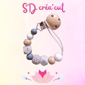 Attache-tétine en silicone et bois Grise