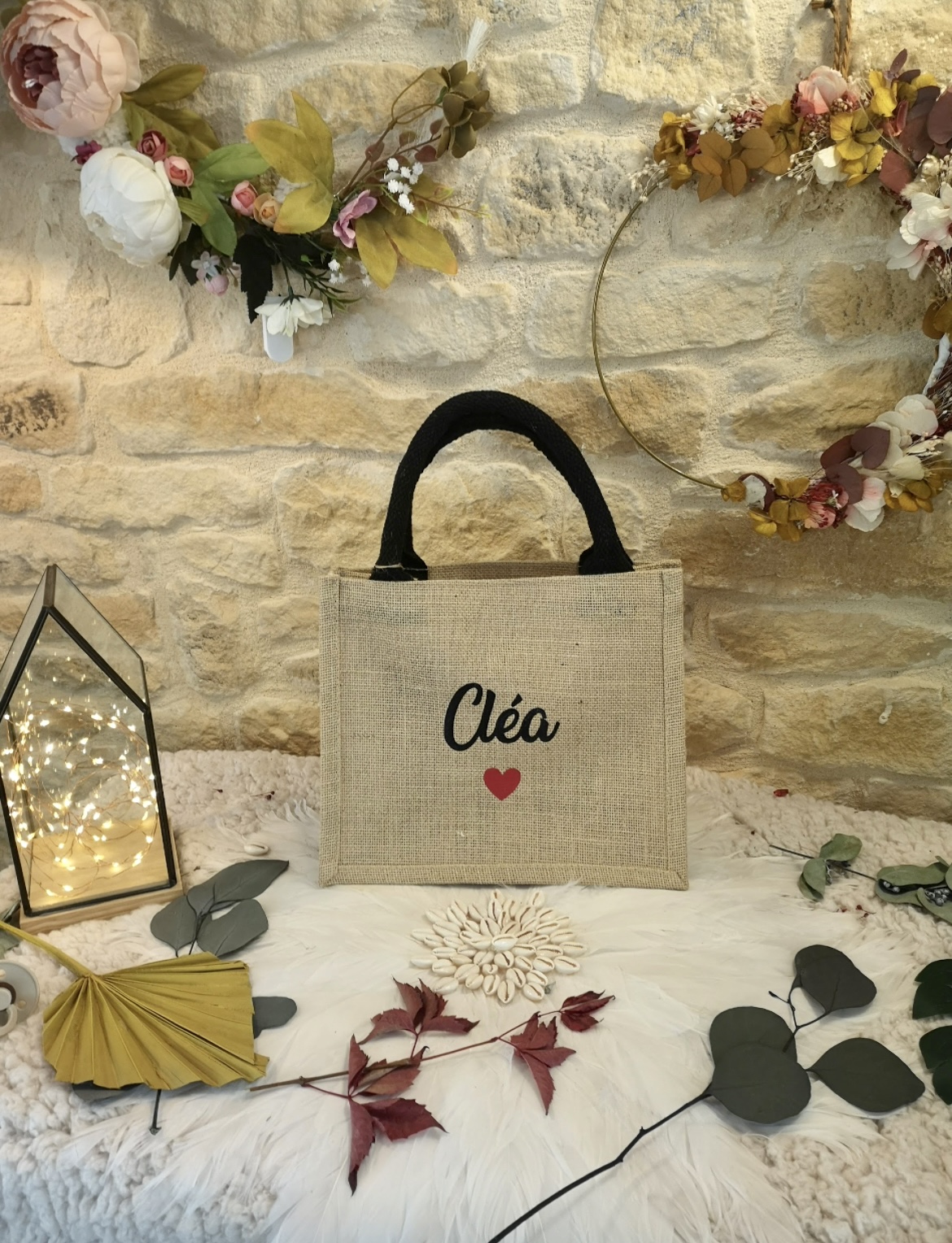 Cabas Jute petit modèle enfant anses noires à personnaliser