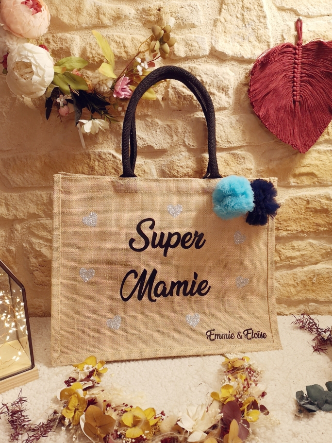 Sac Cabas Jute Grand Modèle anses noires à personnaliser