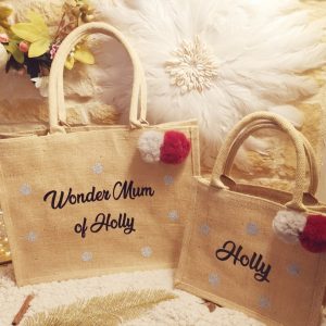 Duo Sac Cabas mère fille/ mère fils avec pompons à personnaliser