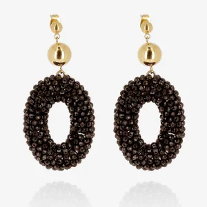 Boucles d’Oreilles Longues en Acier Doré perles de Verre Noires, Zag