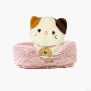 Kimi, chat en peluche de 18cm avec collier et son panier en fausse fourrure rose