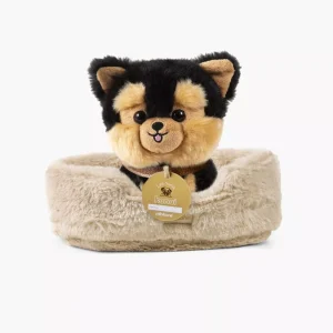 Sumo, chien en peluche de 18cm avec collier et son panier en fausse fourrure beige