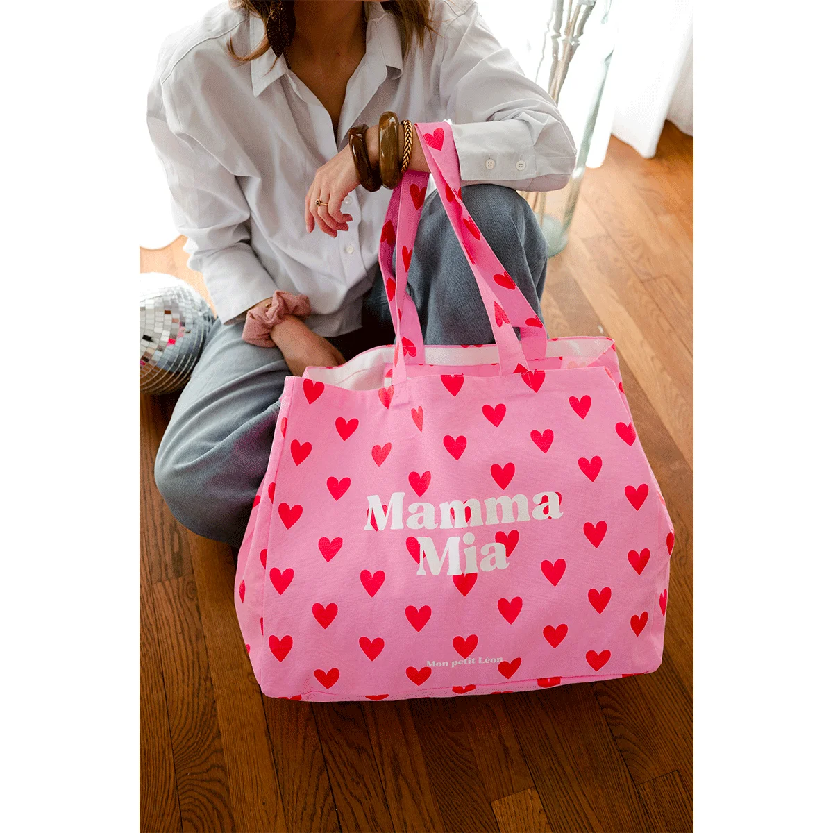 Cabas XXL en Toile de Coton à Coeurs, Mon Petit Léon – Image 3