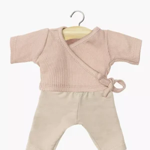 Ensemble cache-coeur en maille côtelée rose pétale et legging lin