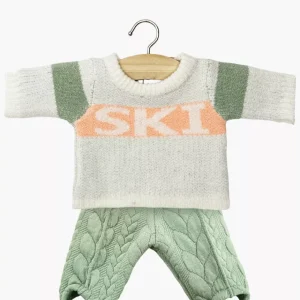 Ensemble pull « SKI » en tricot orange / vert et fuseau Popeye en molleton torsadé eucalyptus