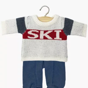 Ensemble pull « SKI » en tricot rouge / bleu et fuseau Popey en jersey chiné denim