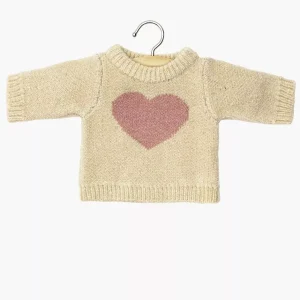 Pull Coeur en tricot crème / rose thé et son pochon