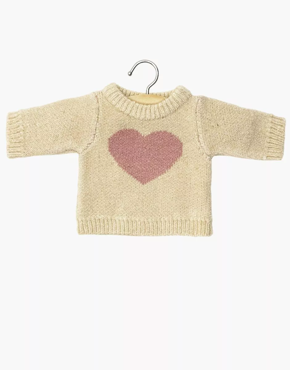 Pull Coeur en tricot crème / rose thé et son pochon