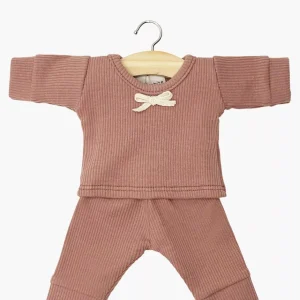 Pyjama Morgan fille à manches longues en maille côtelée rose argile avec petit noeud