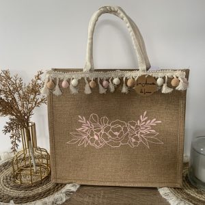 Cabas Pompons rose métallisé