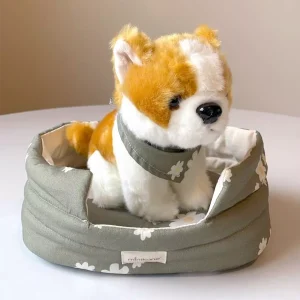 *Peluche de chien 18cm avec bandana et panier ouatiné en coton Marguerites