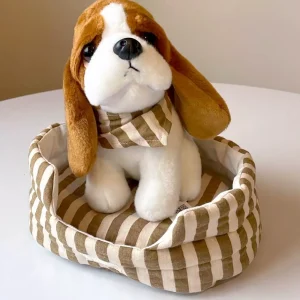 *Peluche de chien 20cm avec bandana et panier ouatiné en coton rayé Zadig