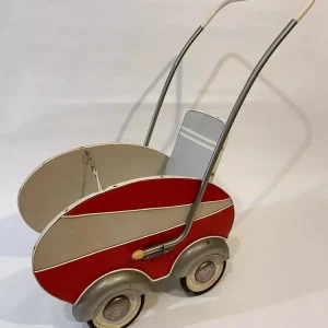 *Poussette vintage en métal rouge/gris pour poupées