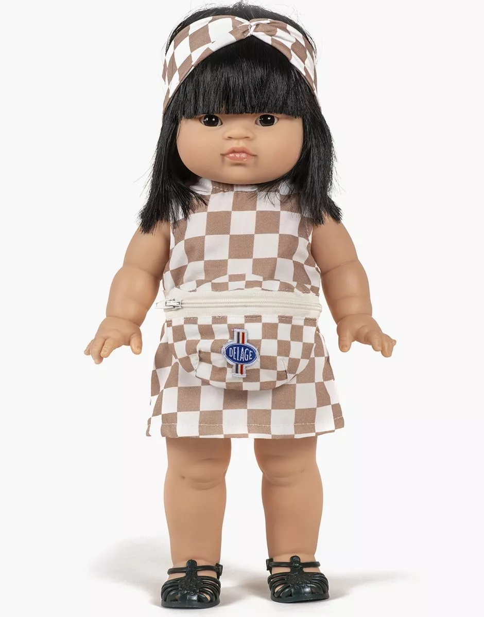 Minikane X Delage – Sac banane poupée en damier beige/blanc – Image 2