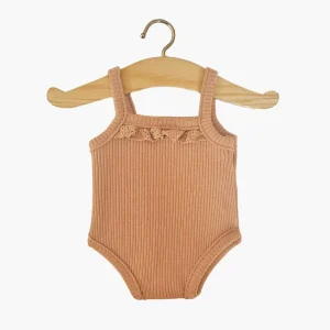 Les P’tits Basiques – Body à bretelles en maille côtelée cassonade et sa dentelle, Minikane