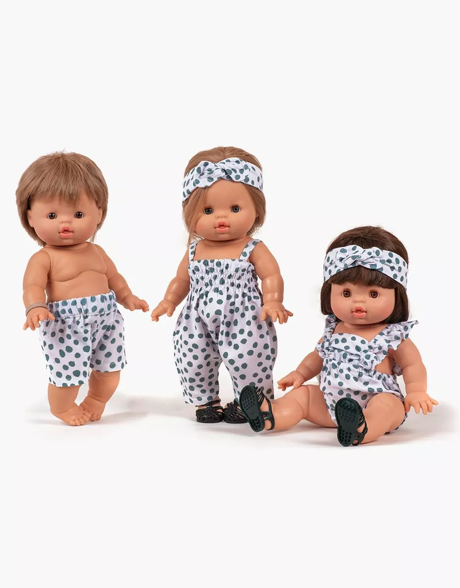 Ensemble barboteuse rétro Lou et headband en coton à pois gris Thelma avec pochon – Image 3