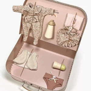 Ma Valise d’antan “Kit de Naissance” fille Petites fleurs cacao pour poupées Babies