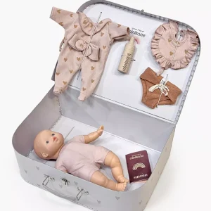 Ma Valise d’antan “Kit de Naissance” fille Petits coeurs roses pour poupées Babies 28cm