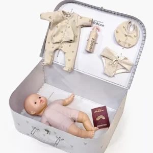 Ma Valise d’antan “Kit de Naissance” mixte Petits coeurs beiges pour poupées Babies 28cm