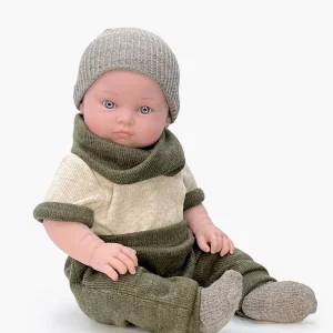 Yann, poupon Bambinis 47cm habillé de ses habits d&rsquo;hiver lin / kaki foncé