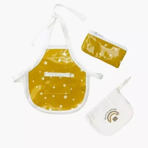 Tablier et trousse pour poupée en coton enduit Stars moutarde avec pochon écru