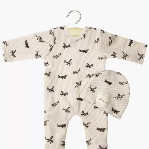 Bambinis – Dors bien Angelo en maille côtelée Petits avions beige et son bonnet