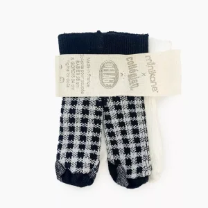 Minikane X Delage – Lot de 2 collants blanc neige/noir charbon carreaux