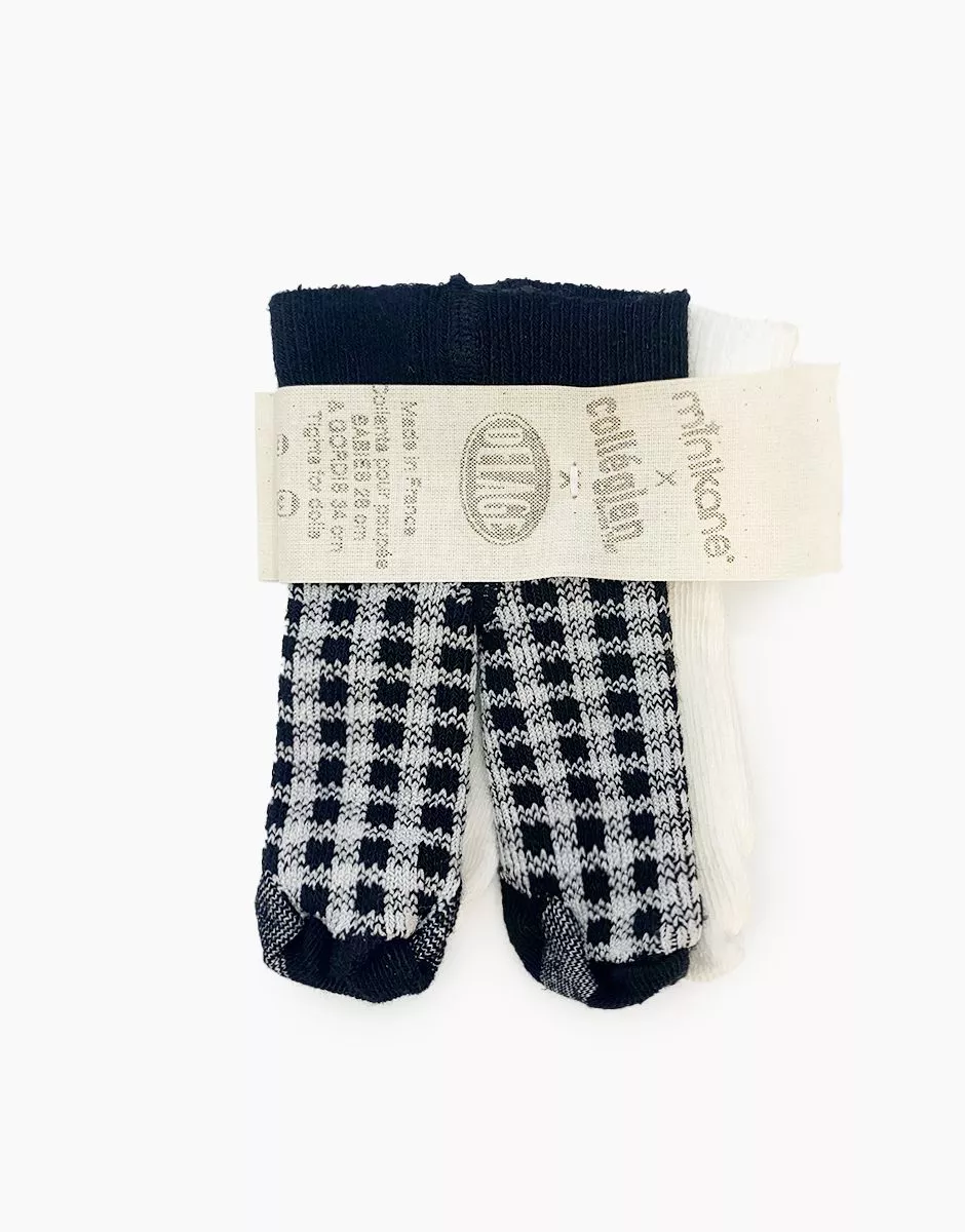 Minikane X Delage – Lot de 2 collants blanc neige/noir charbon carreaux