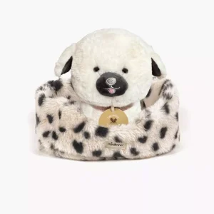 Kawai, chien en peluche de 18cm avec collier et son panier en fausse fourrure dalmatien