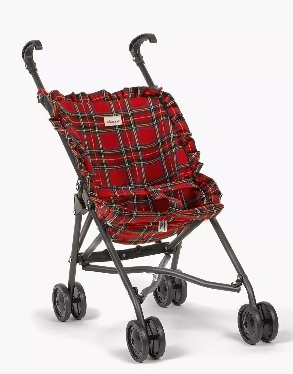 Poussette poupée à volants Christmas à carreaux Tartan rouge sur châssis noir