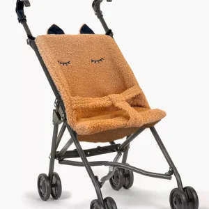 Poussette poupée Chat en bouclette camel sur châssis noir