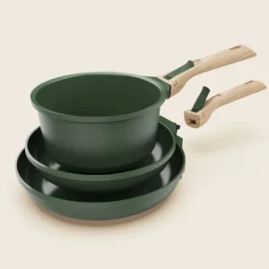 Trio Casserole et Poêles Fougère avec Poignées Amovibles, Cookut